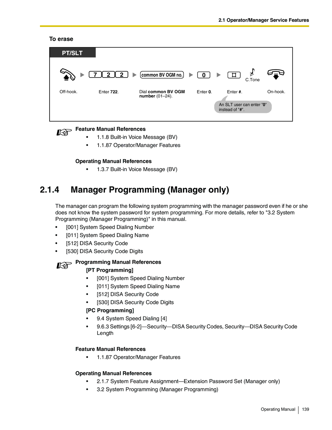 Panasonic KX-TA824 manual Manager Programming Manager only, To erase 