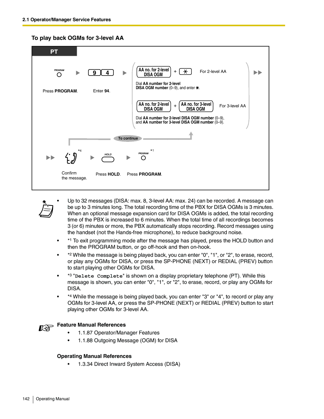 Panasonic KX-TA824 manual To play back OGMs for 3-level AA, Feature Manual References 