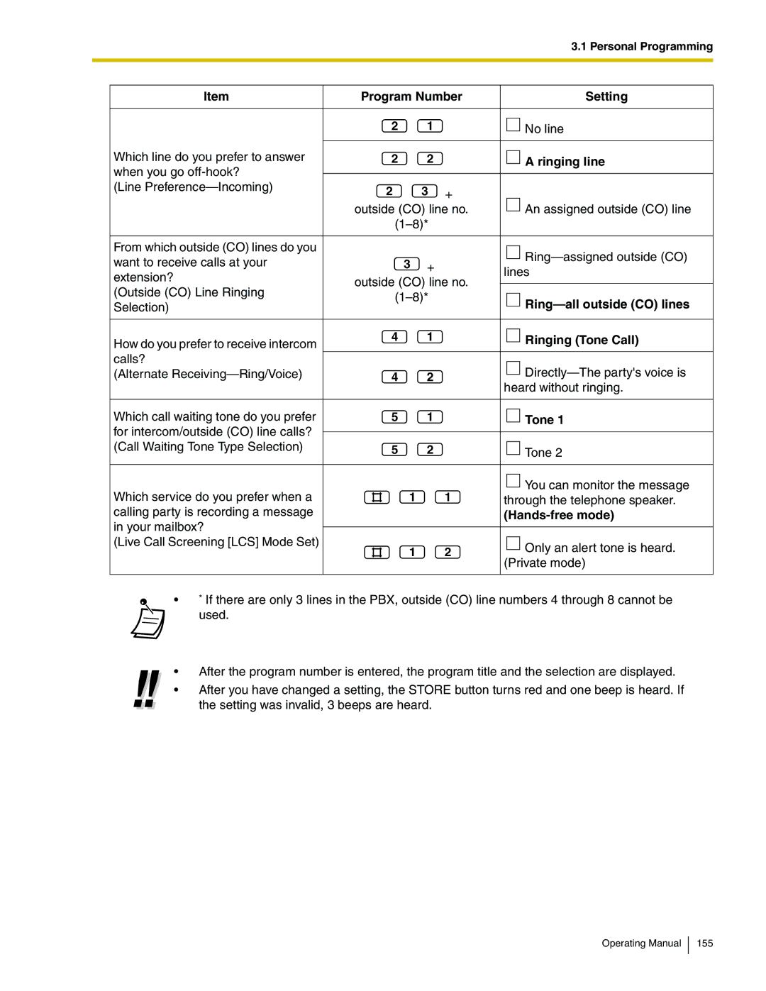 Panasonic KX-TA824 manual Program Number Setting, Ringing line, Ring-all outside CO lines, Ringing Tone Call 