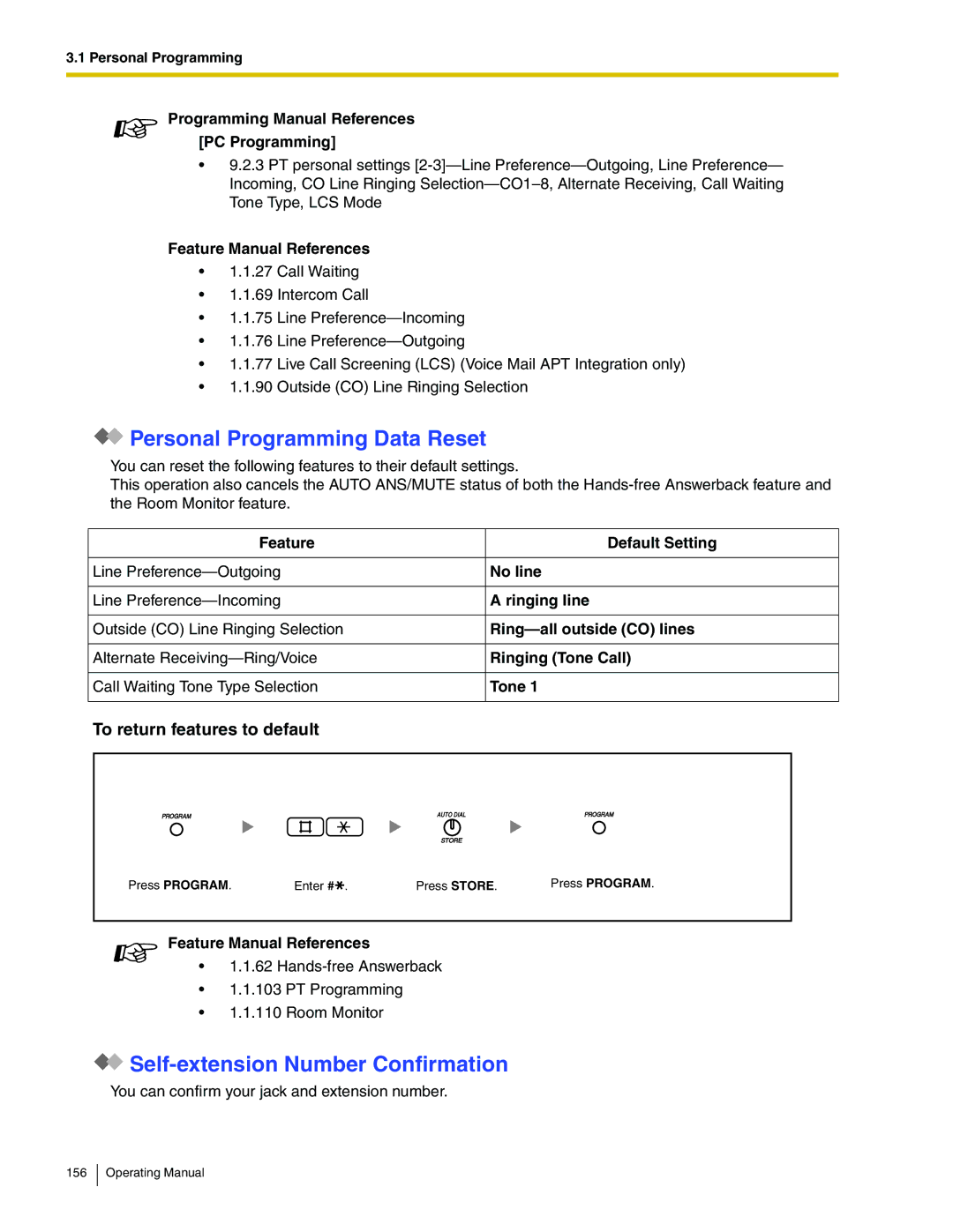 Panasonic KX-TA824 Personal Programming Data Reset, Self-extension Number Confirmation, To return features to default 