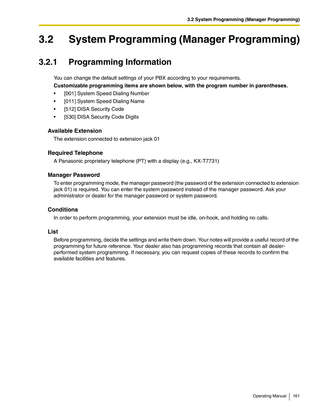 Panasonic KX-TA824 manual Available Extension, Required Telephone, Manager Password, Conditions, List 