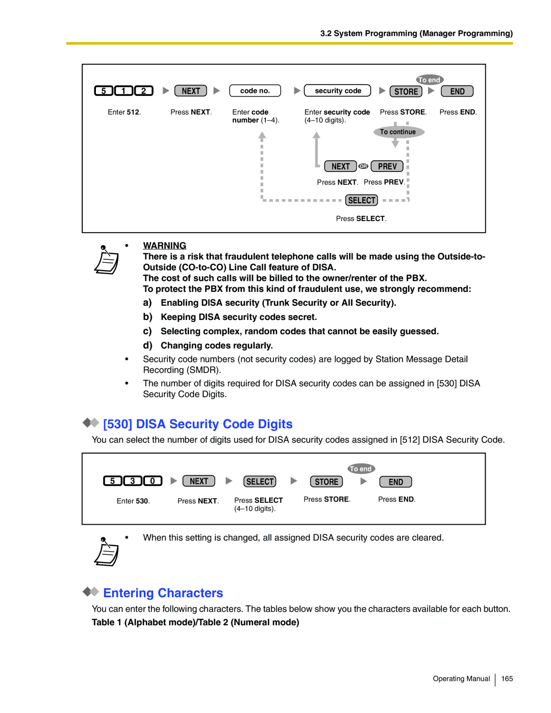 Panasonic KX-TA824 manual Disa Security Code Digits, Entering Characters, Alphabet mode/ Numeral mode 