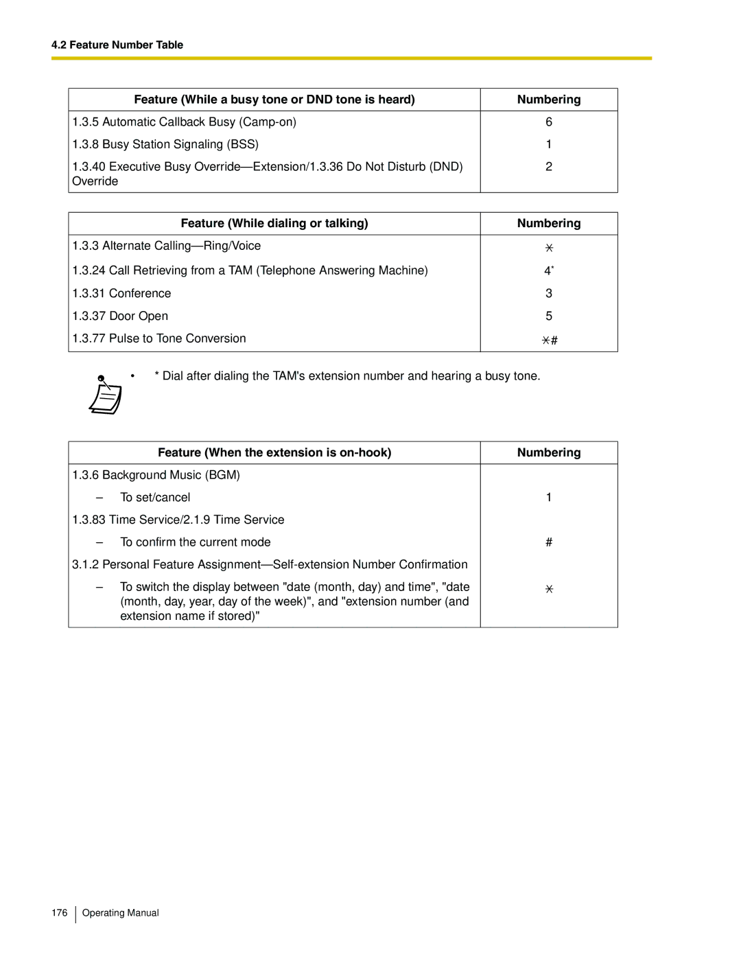 Panasonic KX-TA824 Feature While a busy tone or DND tone is heard Numbering, Feature While dialing or talking Numbering 