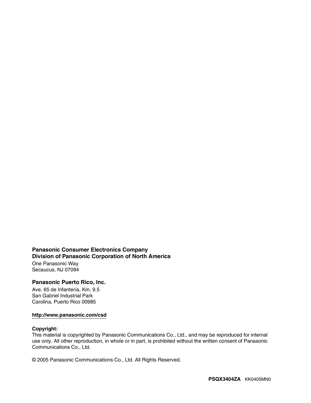 Panasonic KX-TA824 manual Panasonic Puerto Rico, lnc, Copyright PSQX3404ZA KK0405MN0 