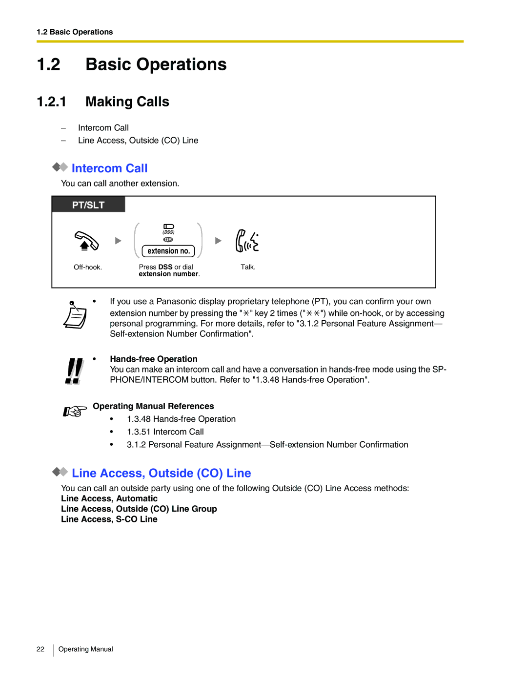 Panasonic KX-TA824 manual Making Calls, Intercom Call, Line Access, Outside CO Line 