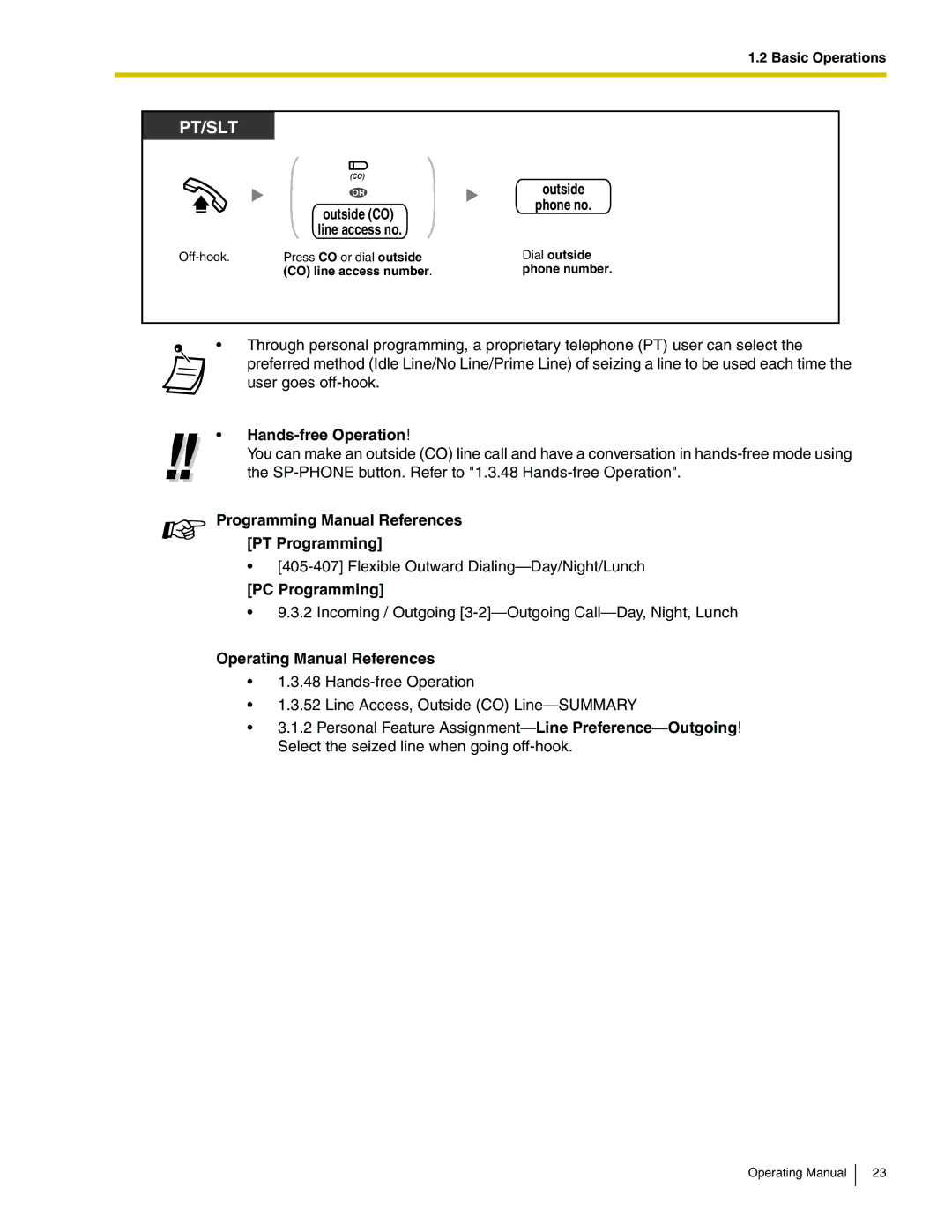 Panasonic KX-TA824 manual Line access no, Outside Phone no, Programming Manual References PT Programming, PC Programming 