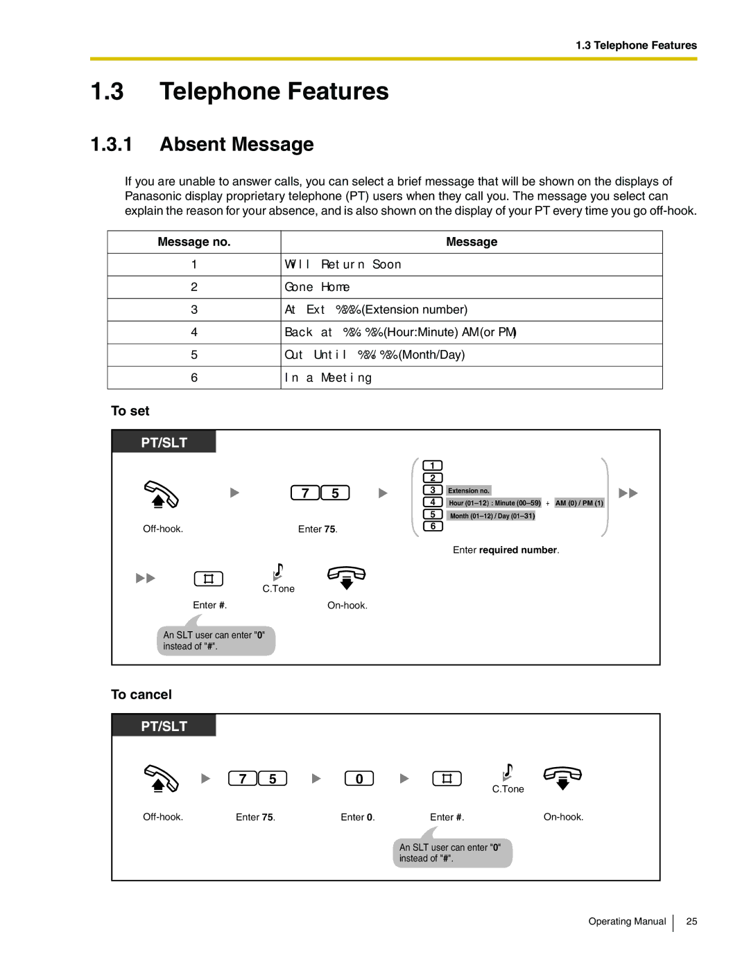 Panasonic KX-TA824 manual Absent Message, To set, To cancel 