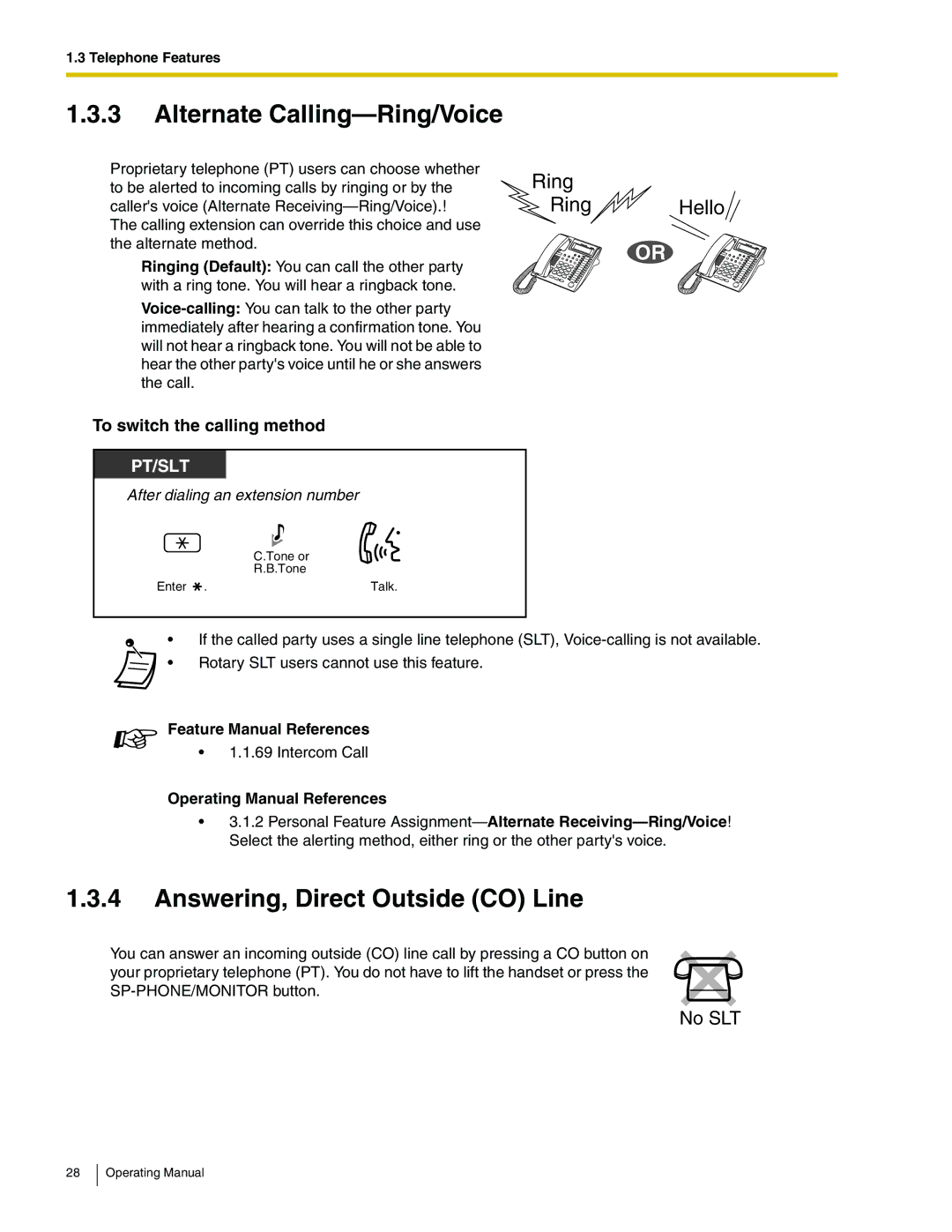 Panasonic KX-TA824 manual Alternate Calling-Ring/Voice, Answering, Direct Outside CO Line, To switch the calling method 