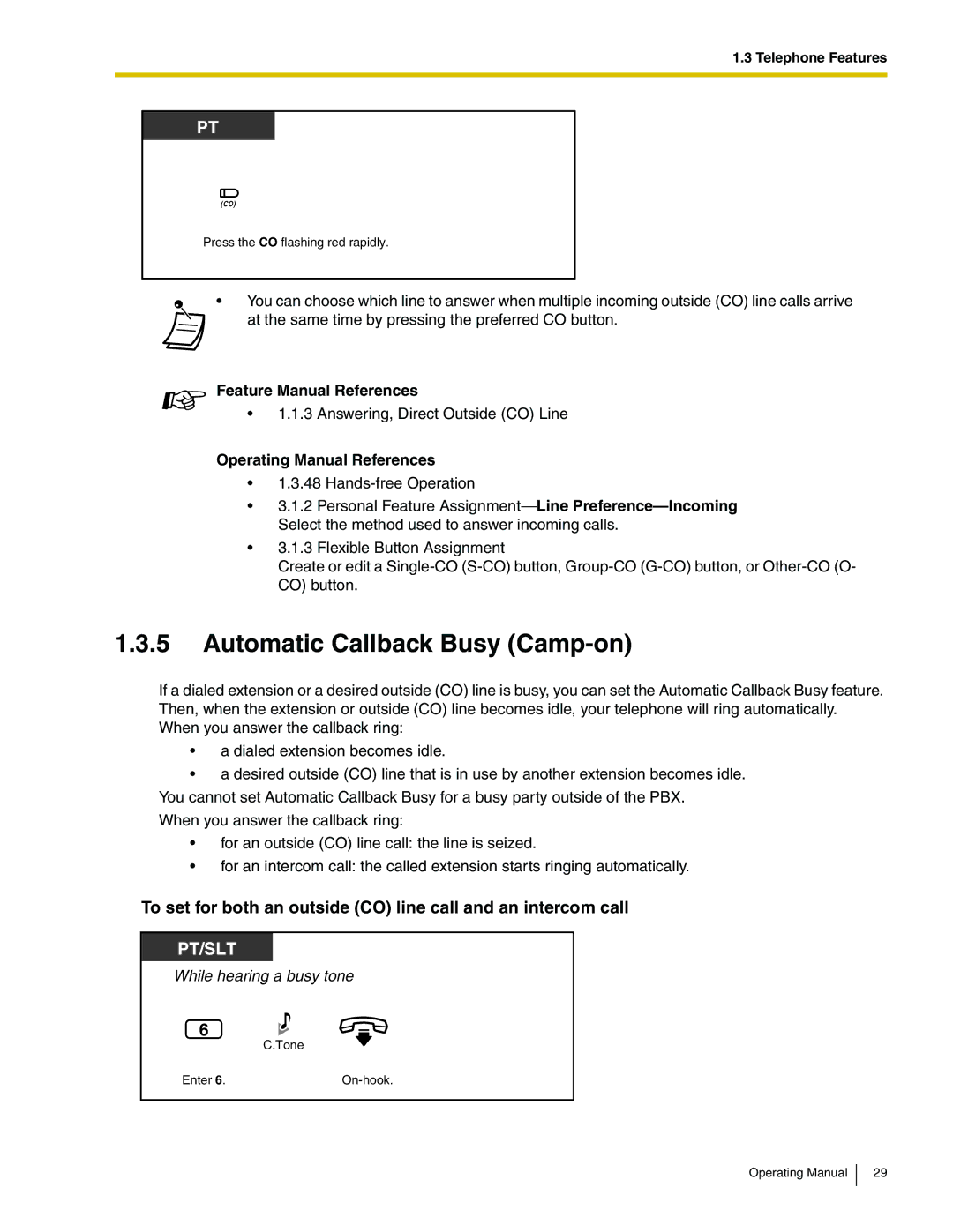 Panasonic KX-TA824 manual Automatic Callback Busy Camp-on, To set for both an outside CO line call and an intercom call 