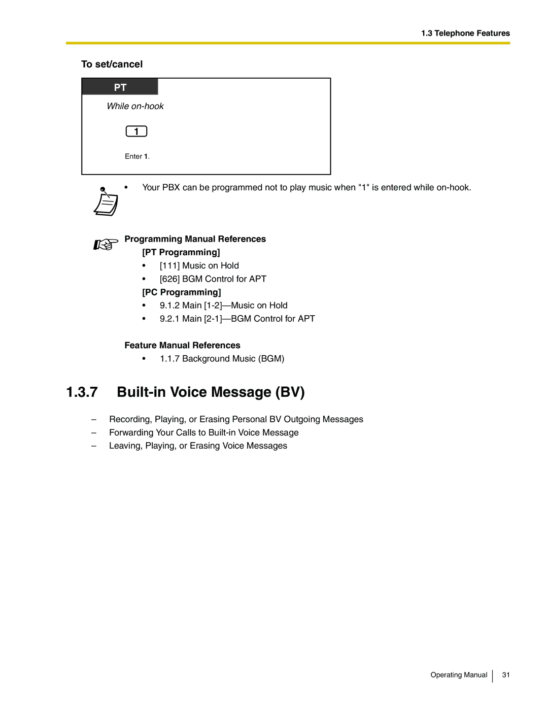 Panasonic KX-TA824 manual Built-in Voice Message BV, To set/cancel 