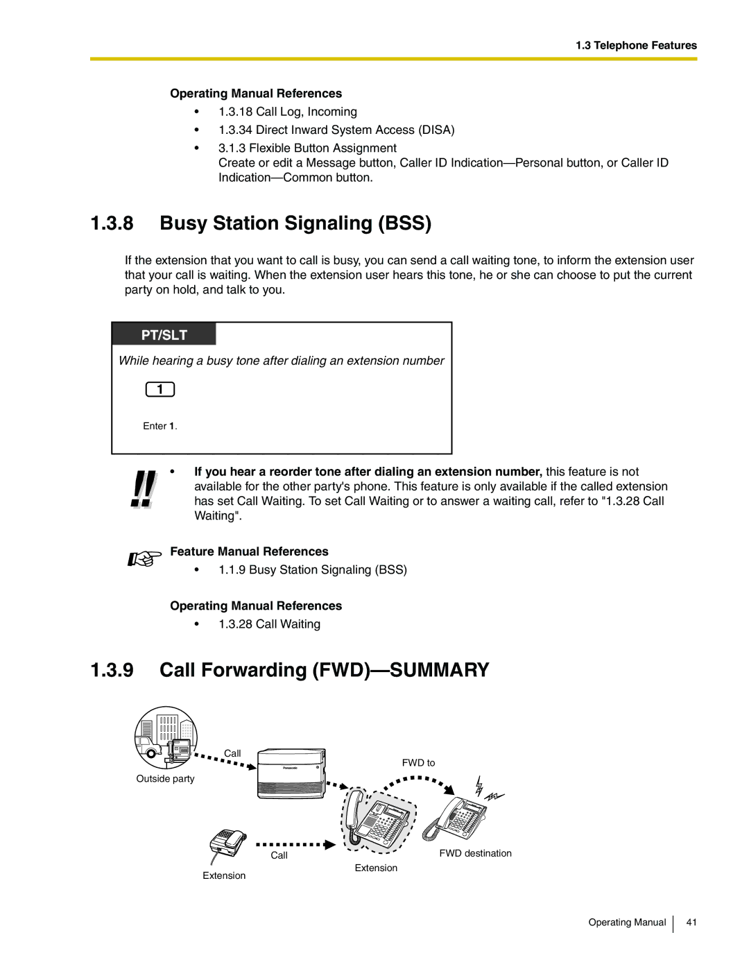 Panasonic KX-TA824 manual Busy Station Signaling BSS, Call Forwarding FWD-SUMMARY 