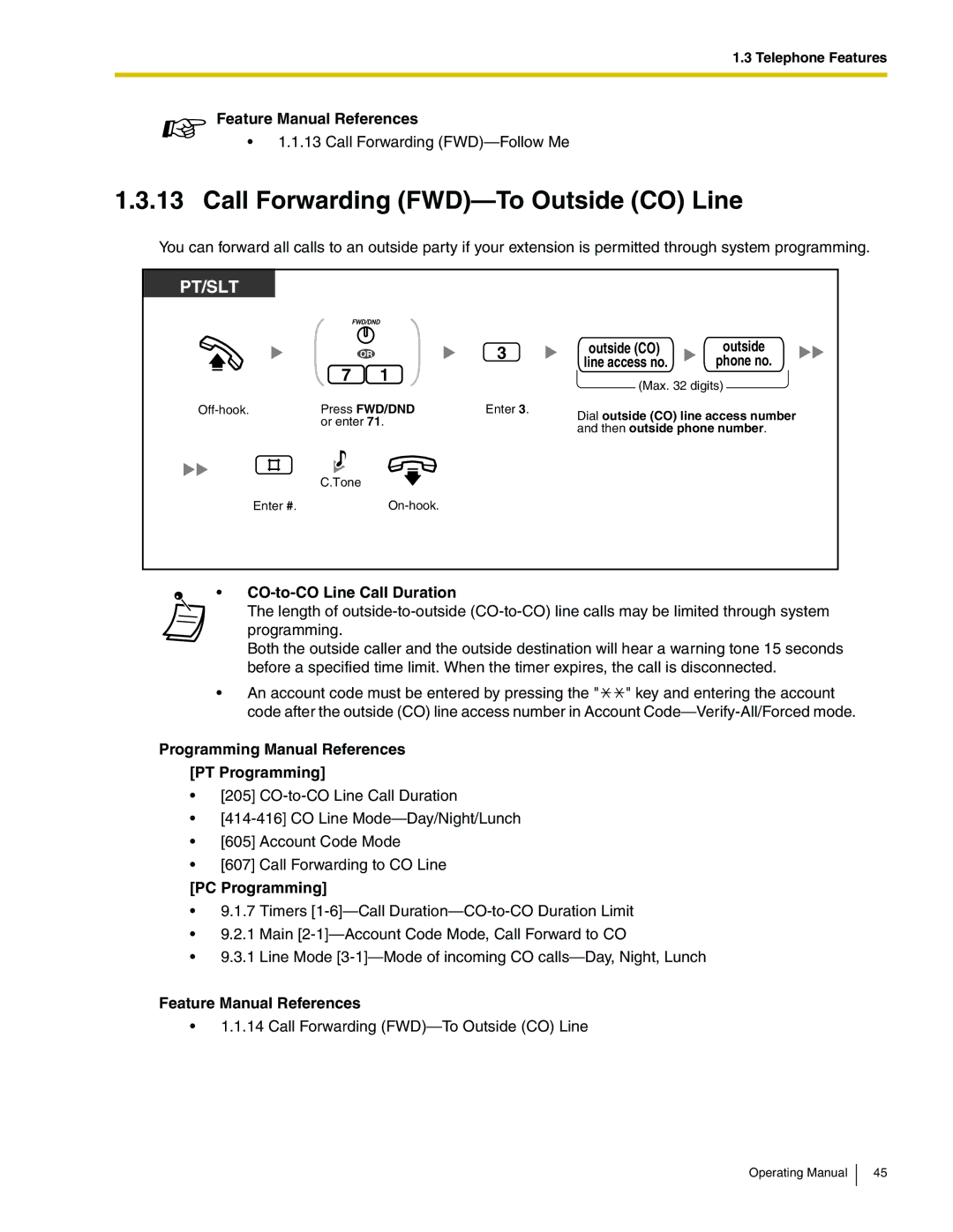 Panasonic KX-TA824 manual Call Forwarding FWD-To Outside CO Line, CO-to-CO Line Call Duration 