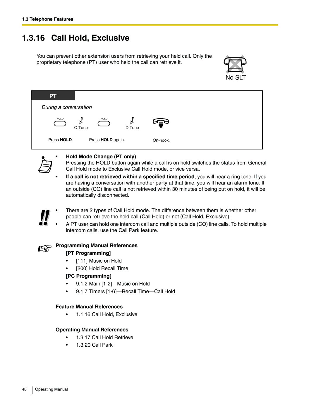 Panasonic KX-TA824 manual Call Hold, Exclusive, Hold Mode Change PT only 