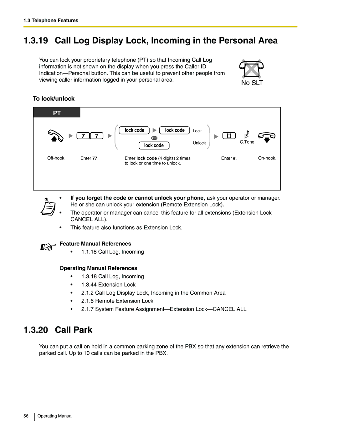 Panasonic KX-TA824 manual Call Log Display Lock, Incoming in the Personal Area, Call Park, To lock/unlock, Lock code 