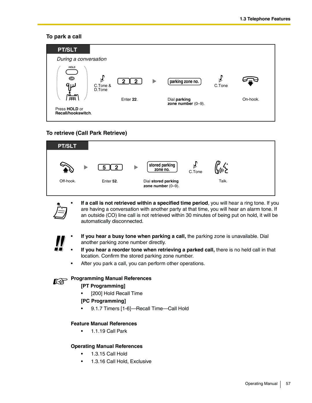 Panasonic KX-TA824 manual To park a call, To retrieve Call Park Retrieve, Parking zone no 