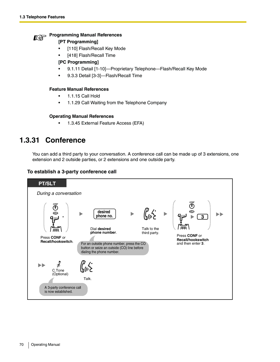Panasonic KX-TA824 manual Conference, To establish a 3-party conference call 
