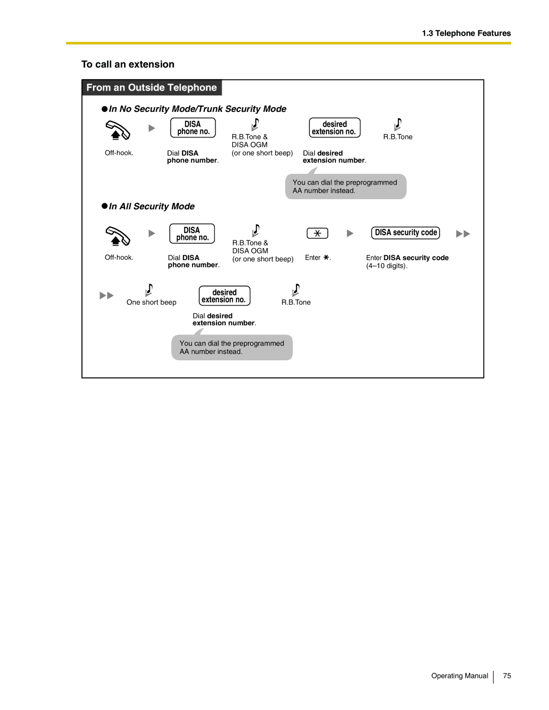 Panasonic KX-TA824 manual To call an extension, No Security Mode/Trunk Security Mode 