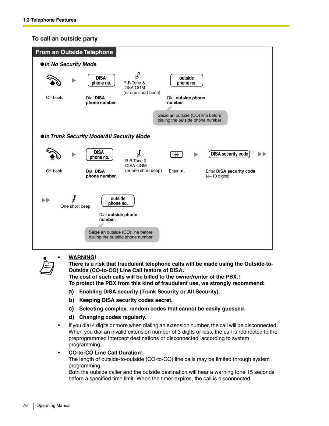 Panasonic KX-TA824 manual To call an outside party, No Security Mode 