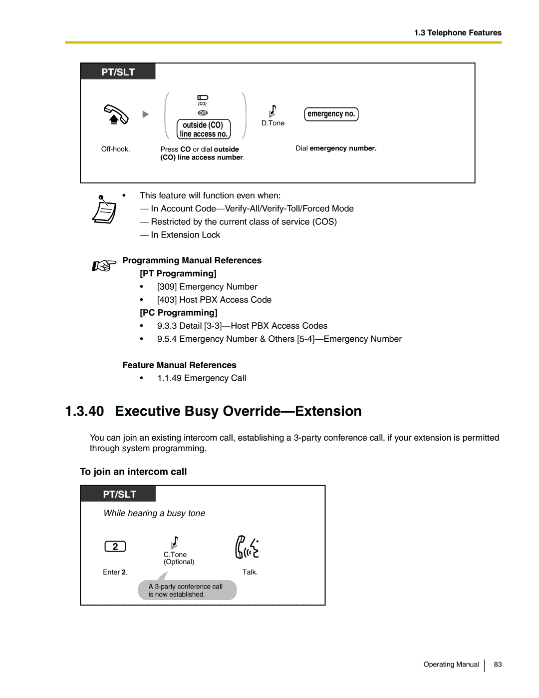 Panasonic KX-TA824 manual Executive Busy Override-Extension, To join an intercom call, Emergency no 