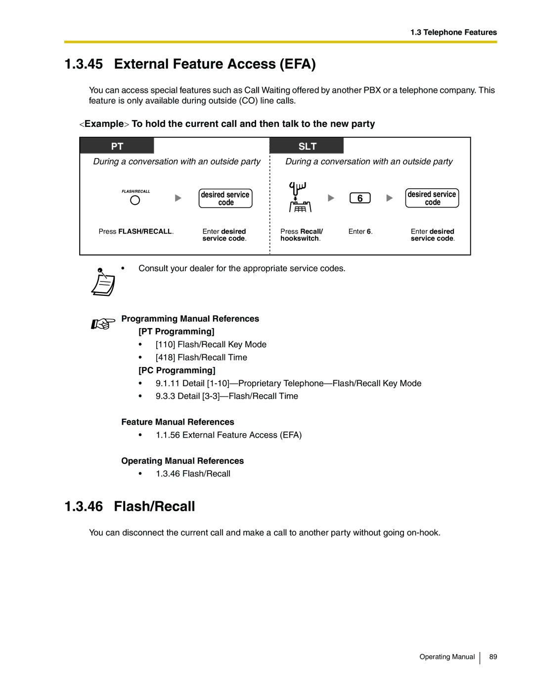 Panasonic KX-TA824 manual External Feature Access EFA, Flash/Recall, Desired service 6code 