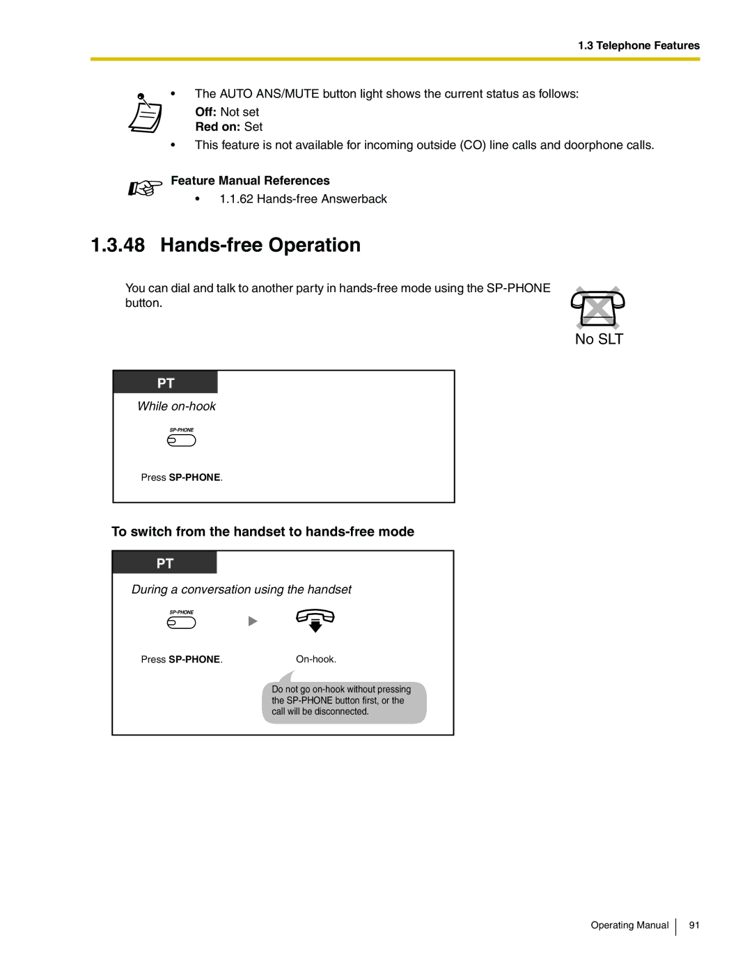 Panasonic KX-TA824 manual Hands-free Operation, To switch from the handset to hands-free mode, Red on Set 