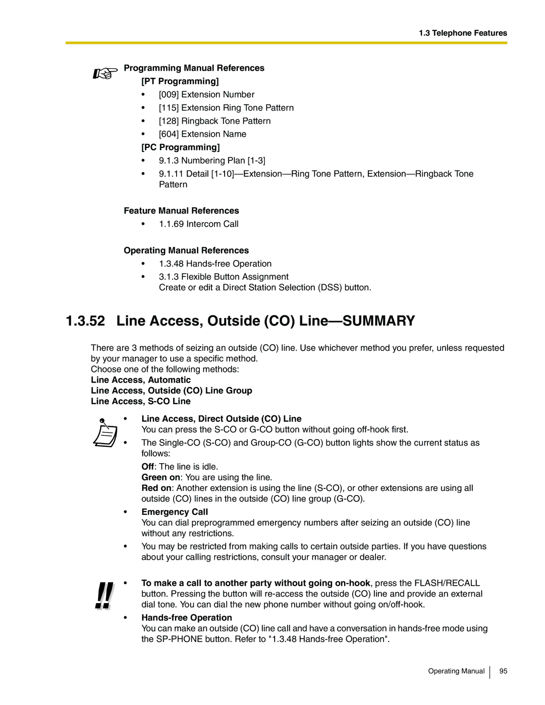 Panasonic KX-TA824 manual Line Access, Outside CO Line-SUMMARY, Emergency Call 