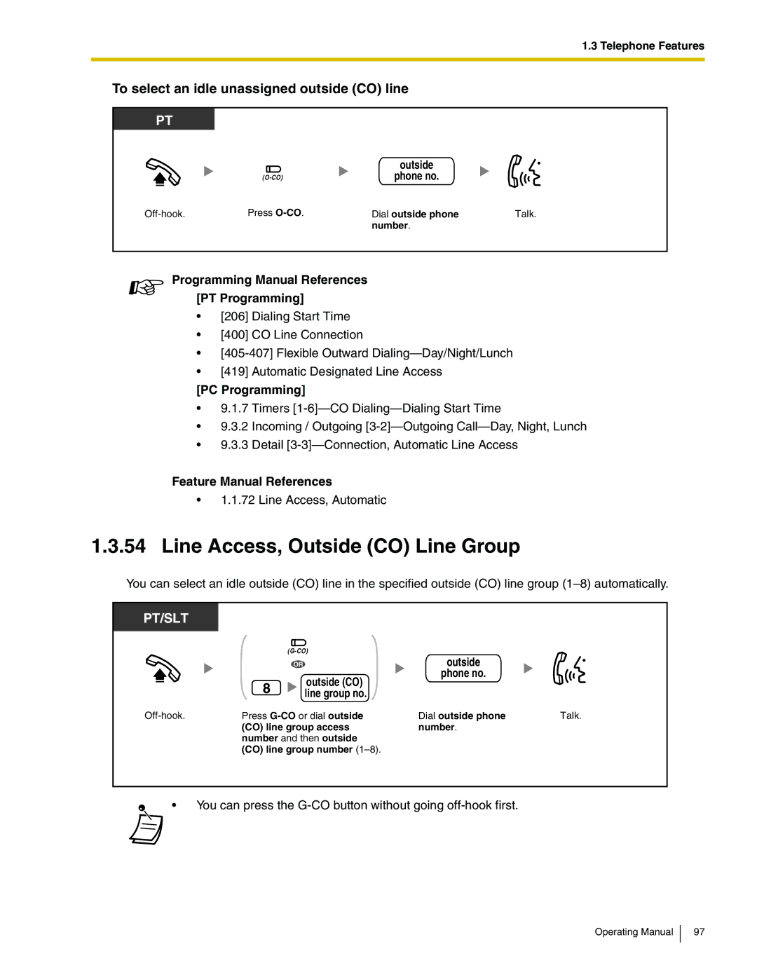 Panasonic KX-TA824 manual Line Access, Outside CO Line Group, To select an idle unassigned outside CO line 