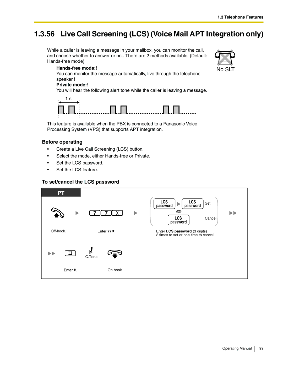 Panasonic KX-TA824 manual Live Call Screening LCS Voice Mail APT Integration only, Before operating 