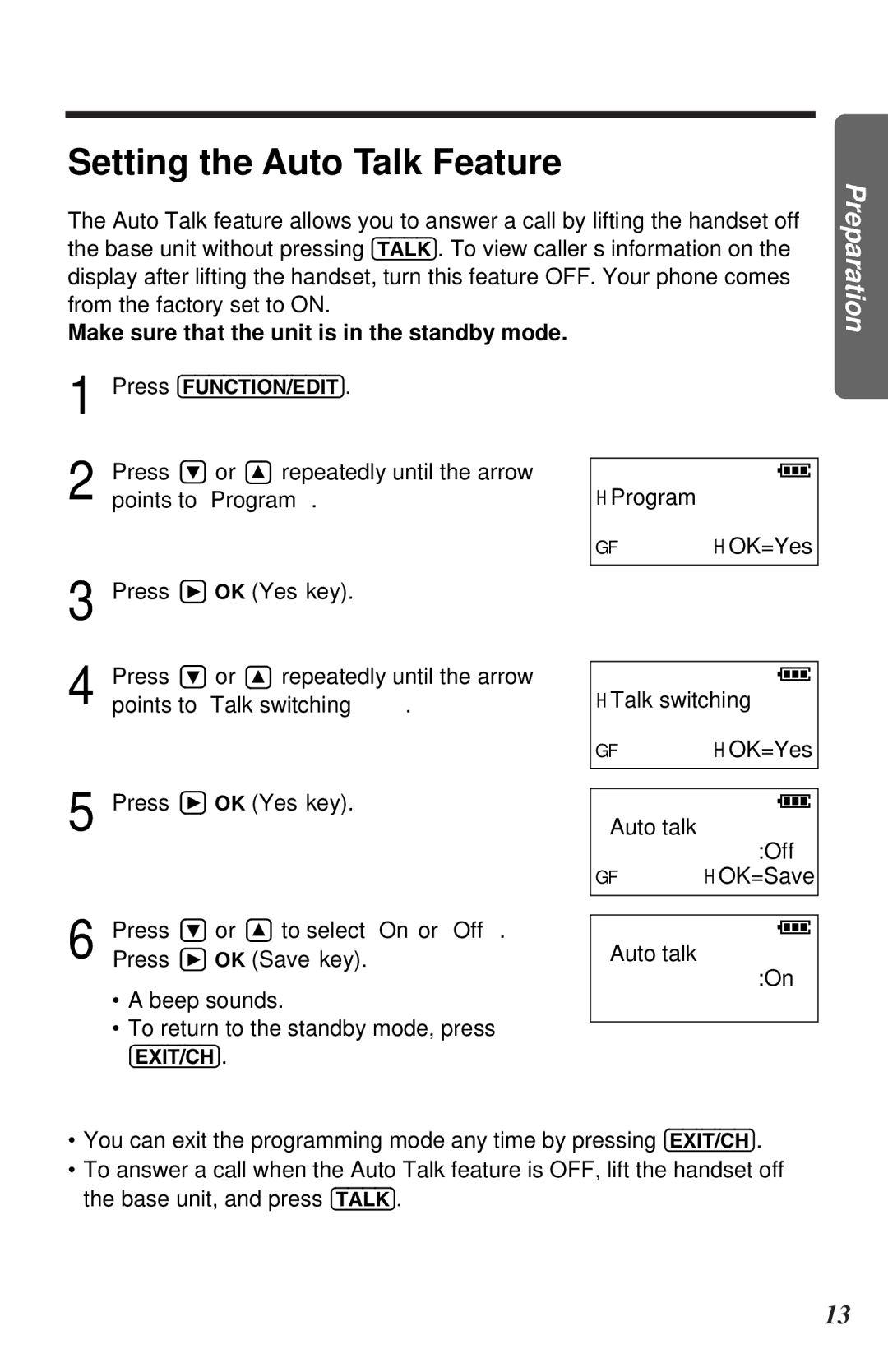 Panasonic KX-TC1105ALB, KX-TC1105ALN operating instructions Setting the Auto Talk Feature 