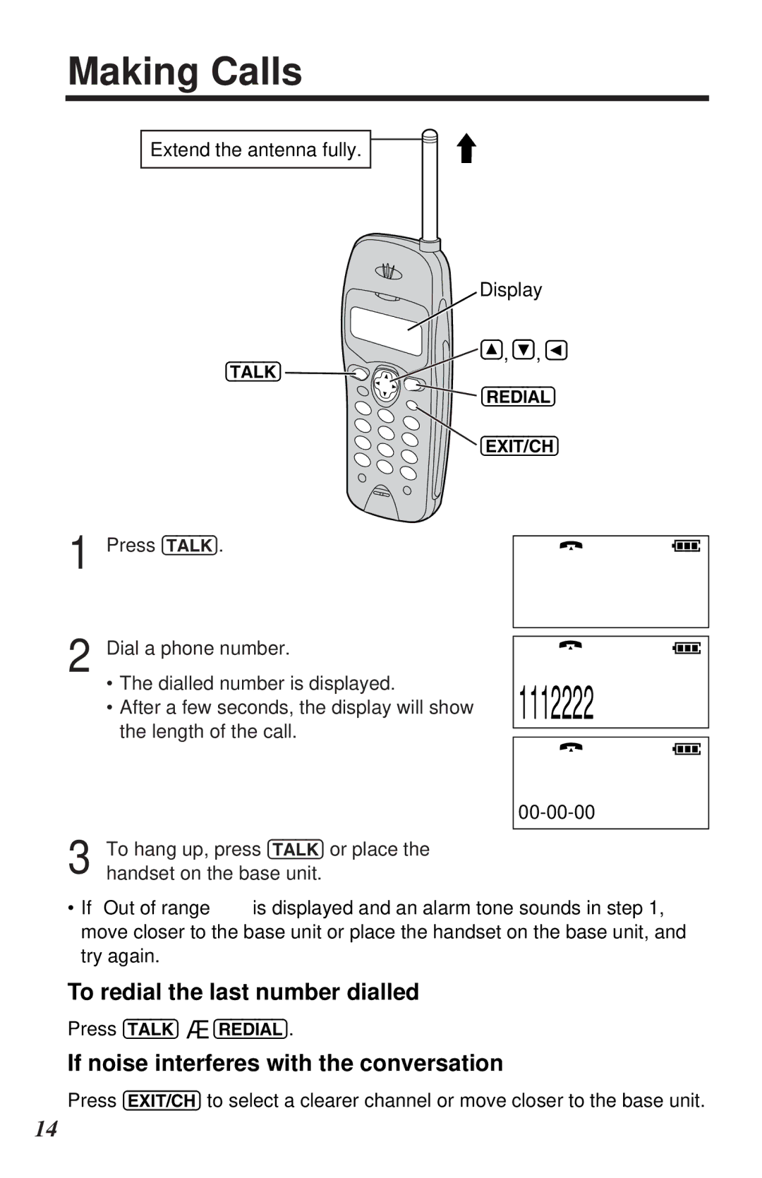 Panasonic KX-TC1105ALN Making Calls, To redial the last number dialled, If noise interferes with the conversation 