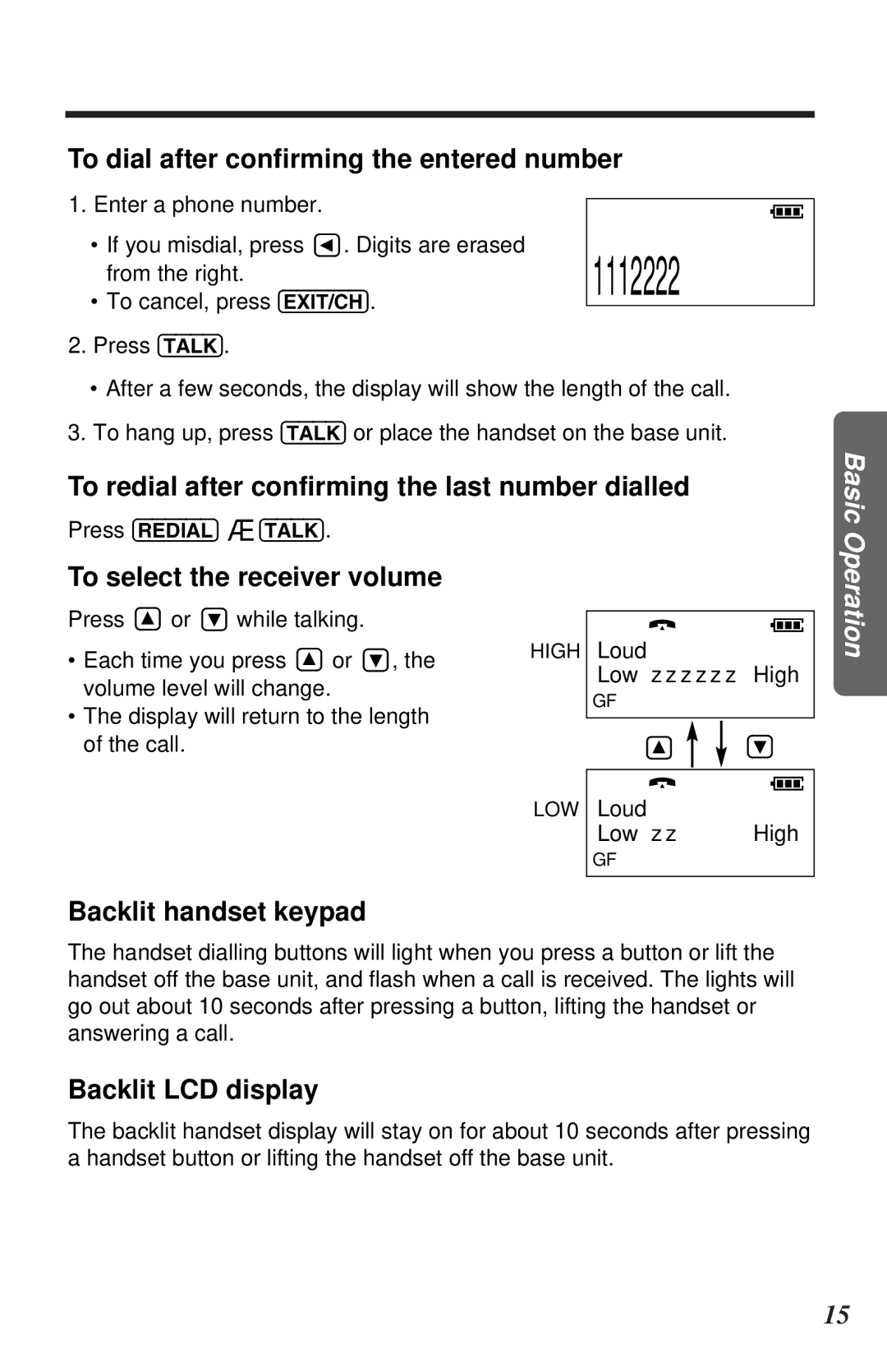 Panasonic KX-TC1105ALB To dial after confirming the entered number, To redial after confirming the last number dialled 