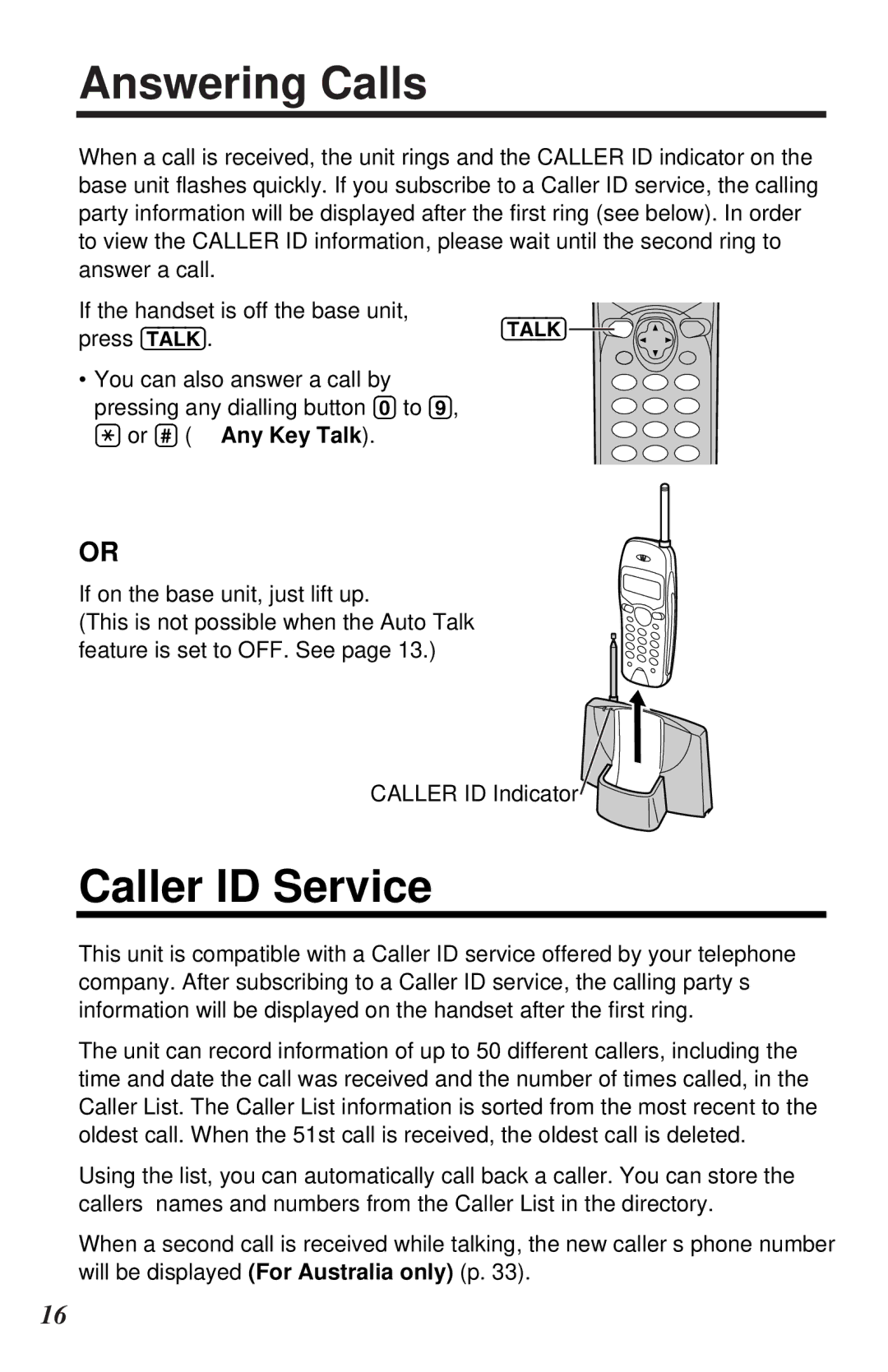 Panasonic KX-TC1105ALN, KX-TC1105ALB operating instructions Answering Calls, Caller ID Service, Or # Any Key Talk 