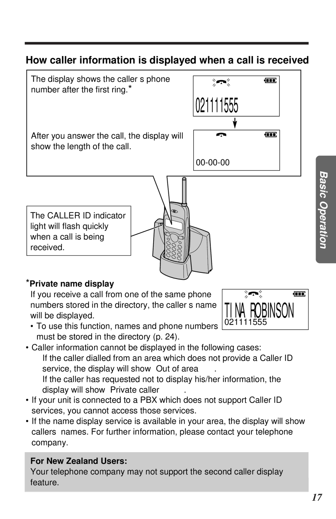 Panasonic KX-TC1105ALB, KX-TC1105ALN How caller information is displayed when a call is received, Private name display 