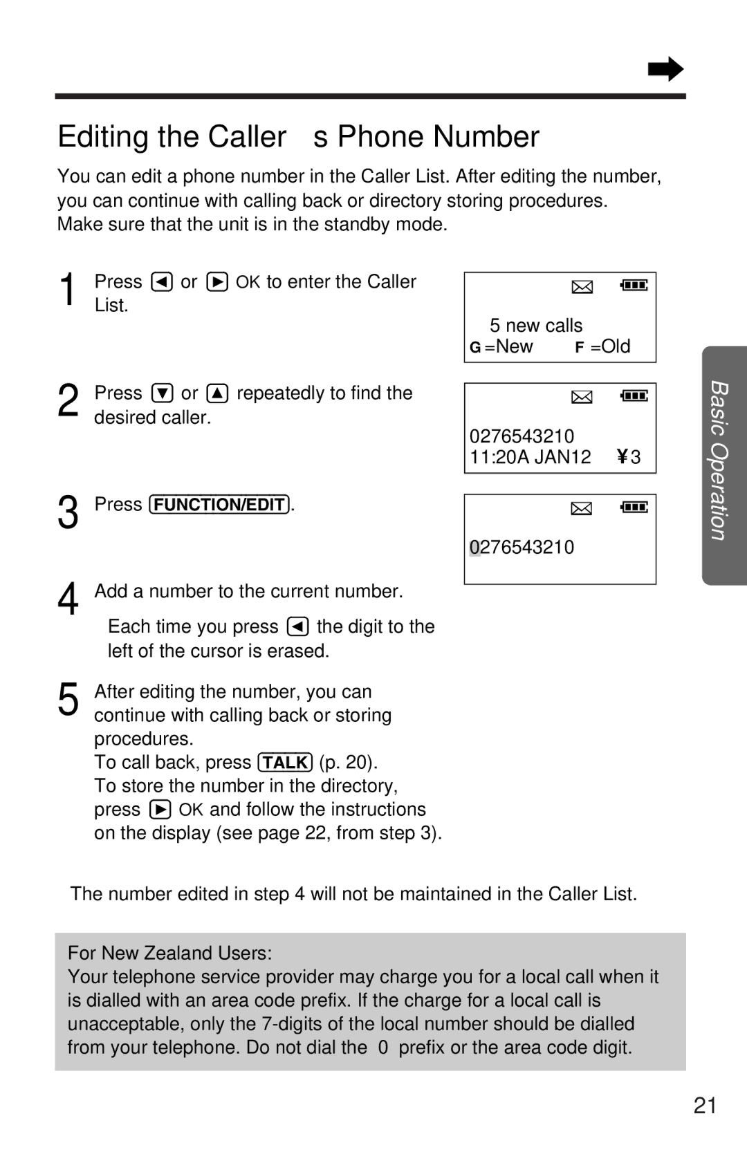 Panasonic KX-TC1105ALB, KX-TC1105ALN Editing the Caller’s Phone Number, Make sure that the unit is in the standby mode 