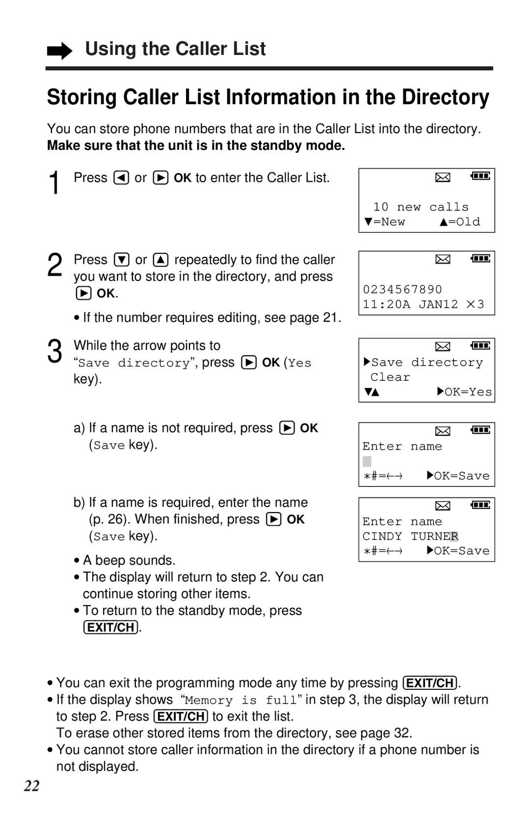 Panasonic KX-TC1105ALN, KX-TC1105ALB operating instructions Storing Caller List Information in the Directory 