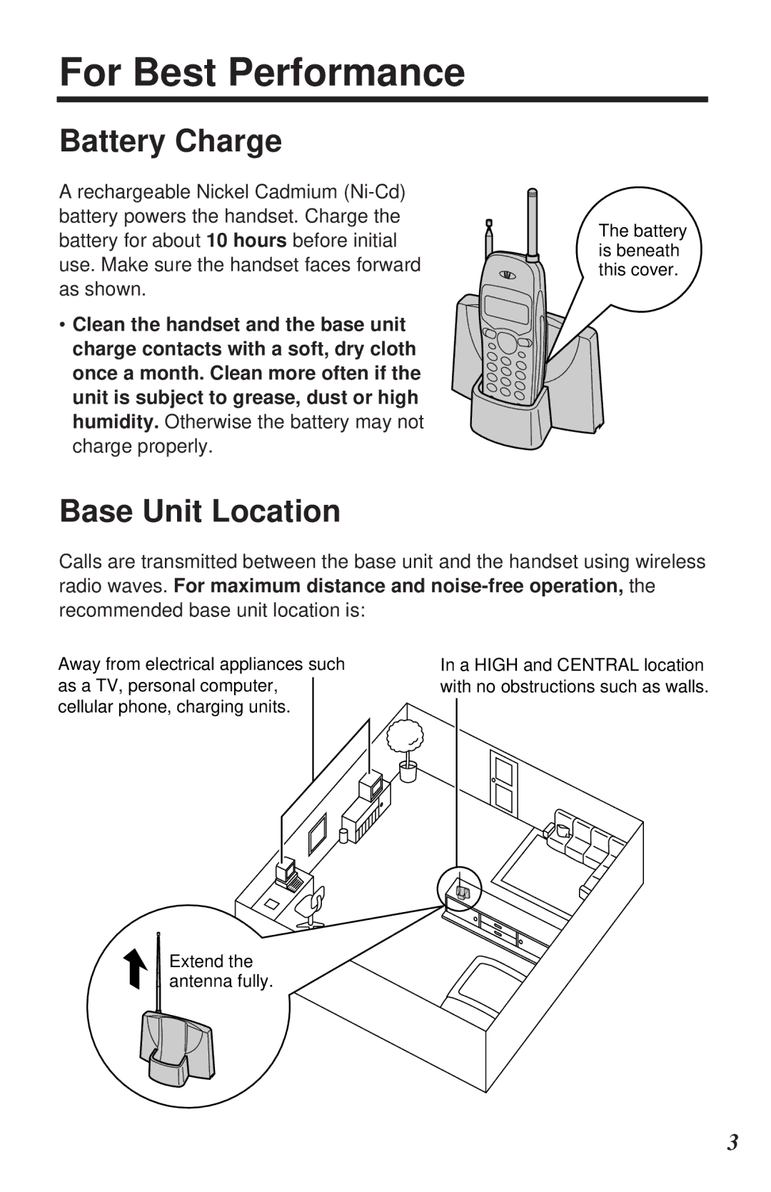 Panasonic KX-TC1105ALB, KX-TC1105ALN operating instructions For Best Performance, Battery Charge, Base Unit Location 