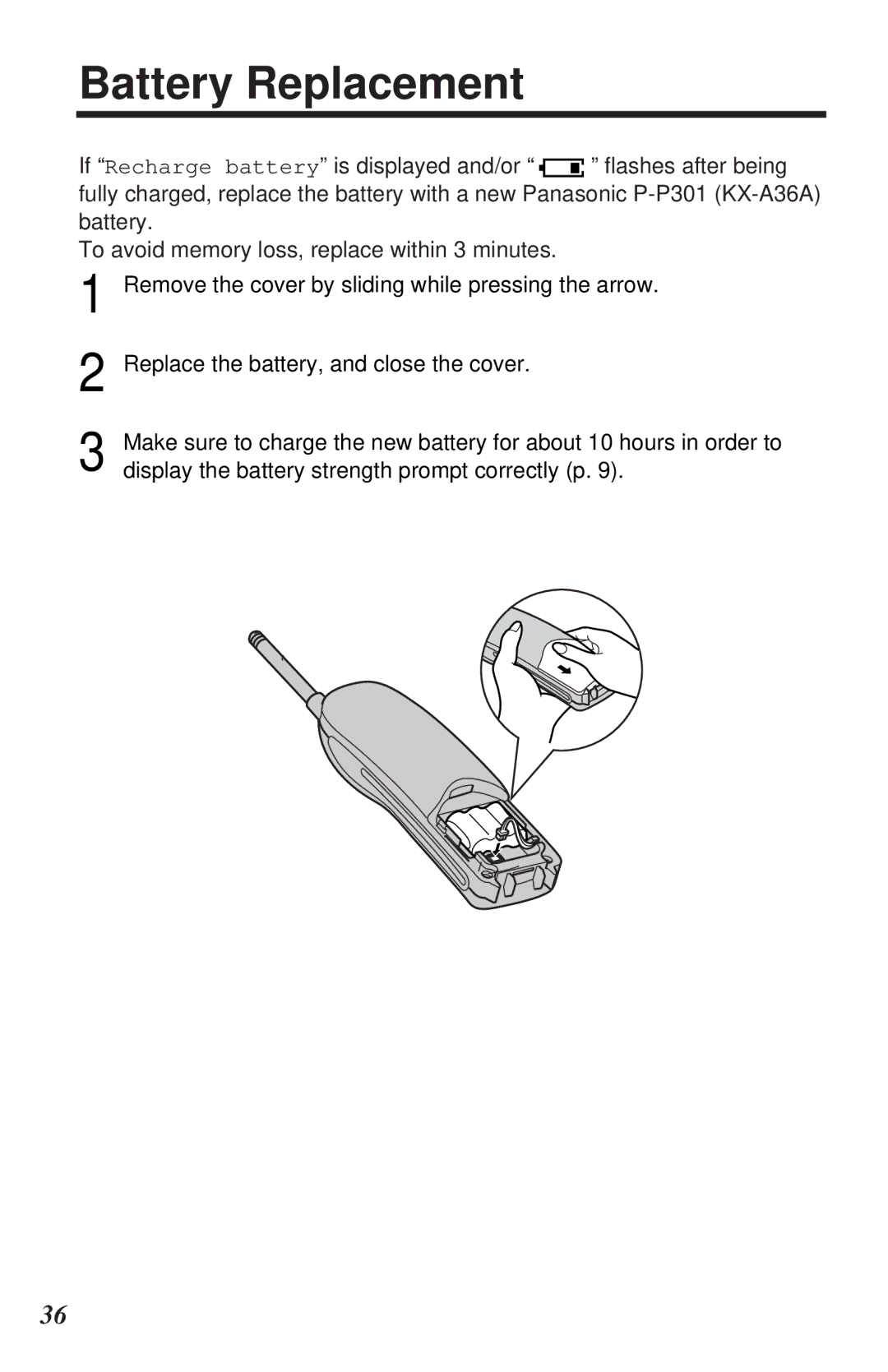 Panasonic KX-TC1105ALN, KX-TC1105ALB operating instructions Battery Replacement 