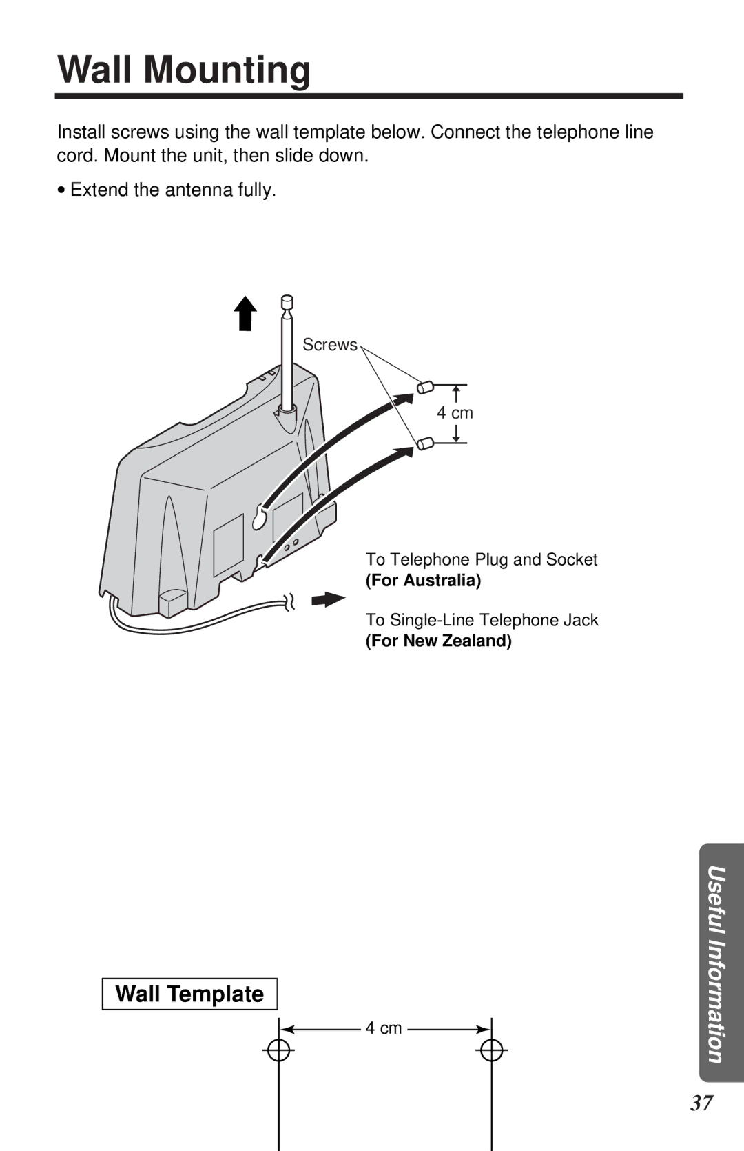 Panasonic KX-TC1105ALB, KX-TC1105ALN operating instructions Wall Mounting, Wall Template 