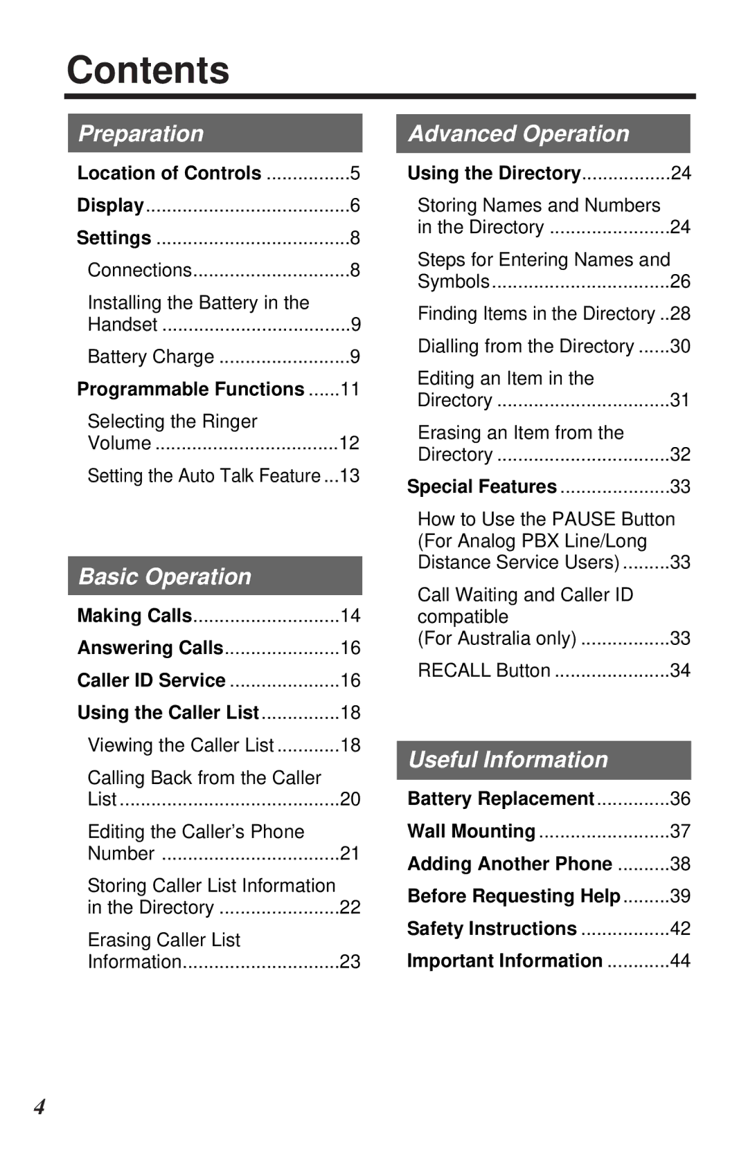 Panasonic KX-TC1105ALN, KX-TC1105ALB operating instructions Contents 