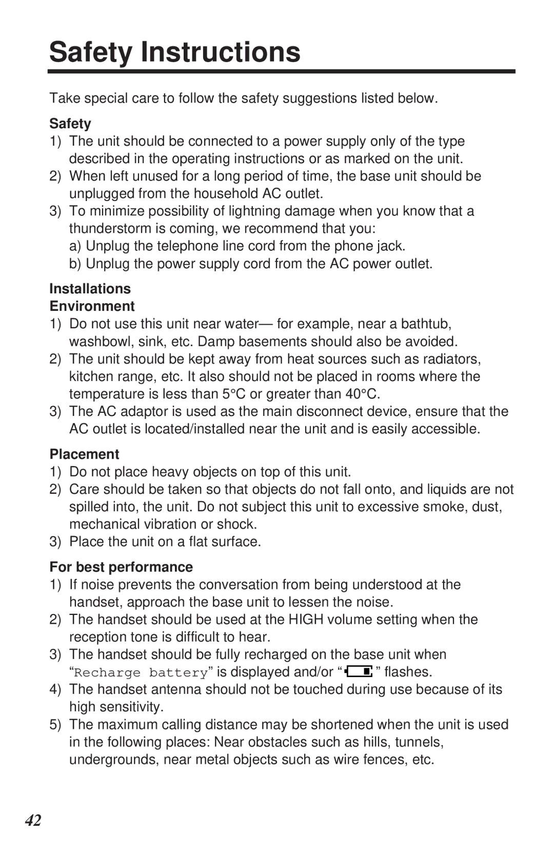 Panasonic KX-TC1105ALN, KX-TC1105ALB Safety Instructions, Installations Environment, Placement, For best performance 