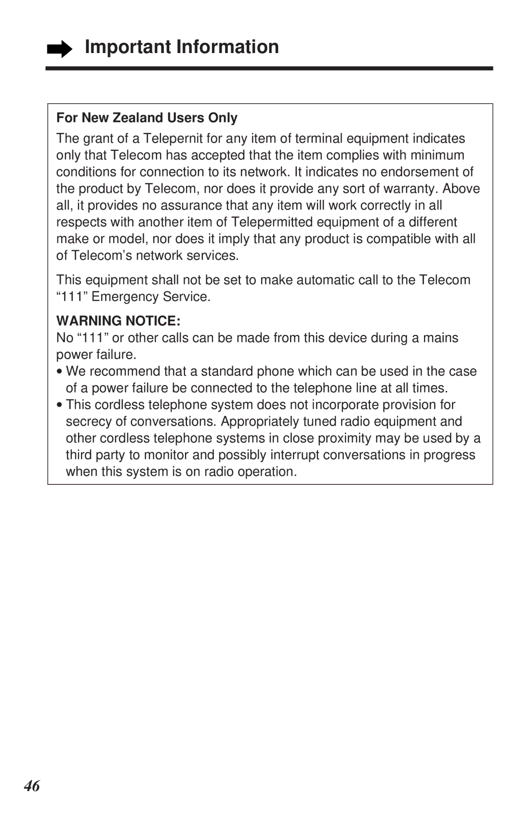 Panasonic KX-TC1105ALN, KX-TC1105ALB operating instructions Important Information, For New Zealand Users Only 