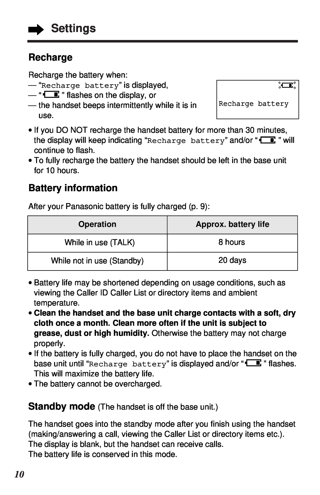 Panasonic KX-TC1105ALN, KX-TC1105ALB operating instructions Settings, Recharge, Battery information 