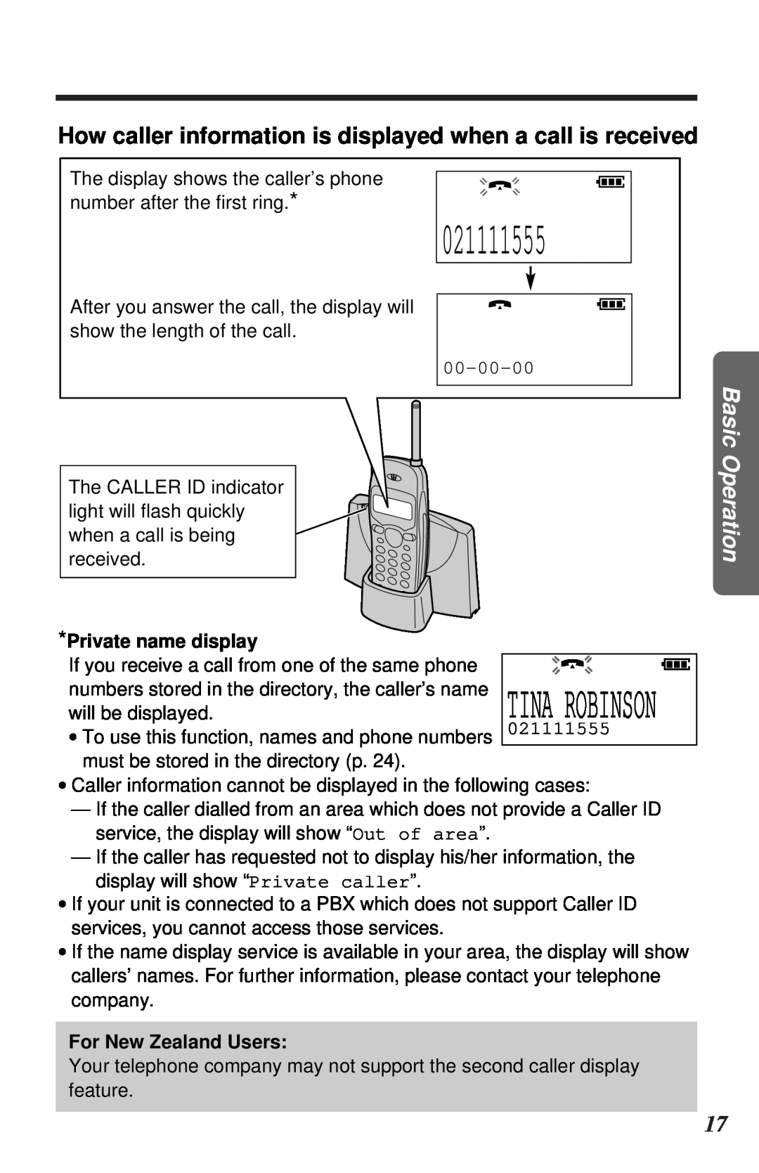 Panasonic KX-TC1105ALB 021111555, How caller information is displayed when a call is received, Basic Operation 