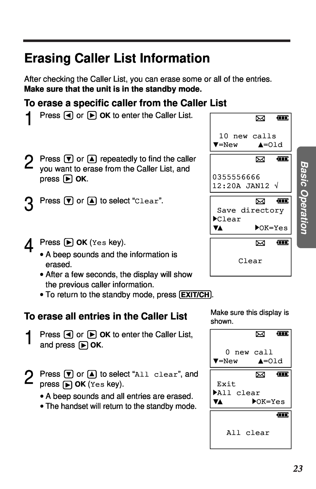 Panasonic KX-TC1105ALB Erasing Caller List Information, To erase a specific caller from the Caller List, Basic Operation 