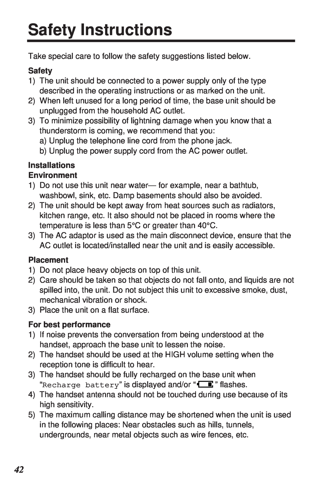 Panasonic KX-TC1105ALN, KX-TC1105ALB Safety Instructions, Installations Environment, Placement, For best performance 