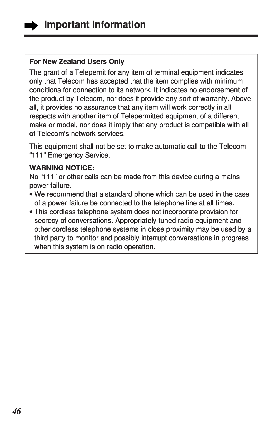 Panasonic KX-TC1105ALN, KX-TC1105ALB Important Information, For New Zealand Users Only, Warning Notice 