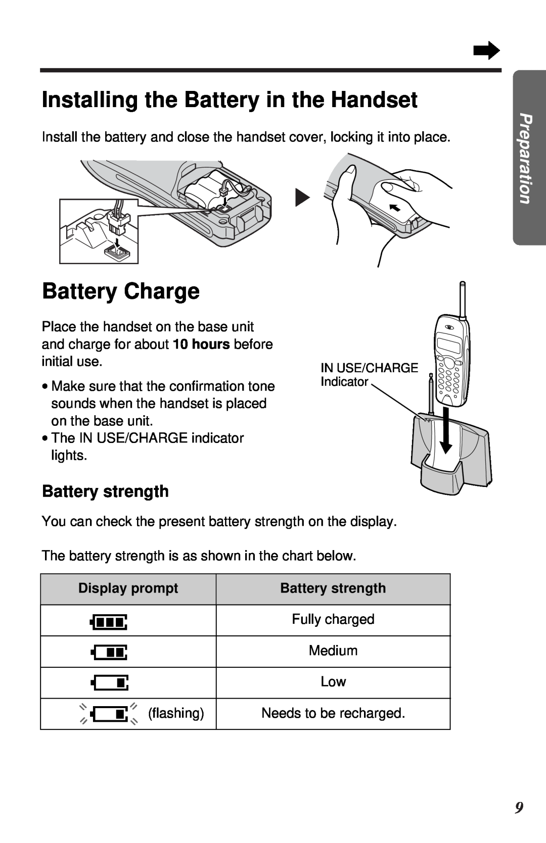 Panasonic KX-TC1105ALB, KX-TC1105ALN Installing the Battery in the Handset, Battery strength, Battery Charge, Preparation 
