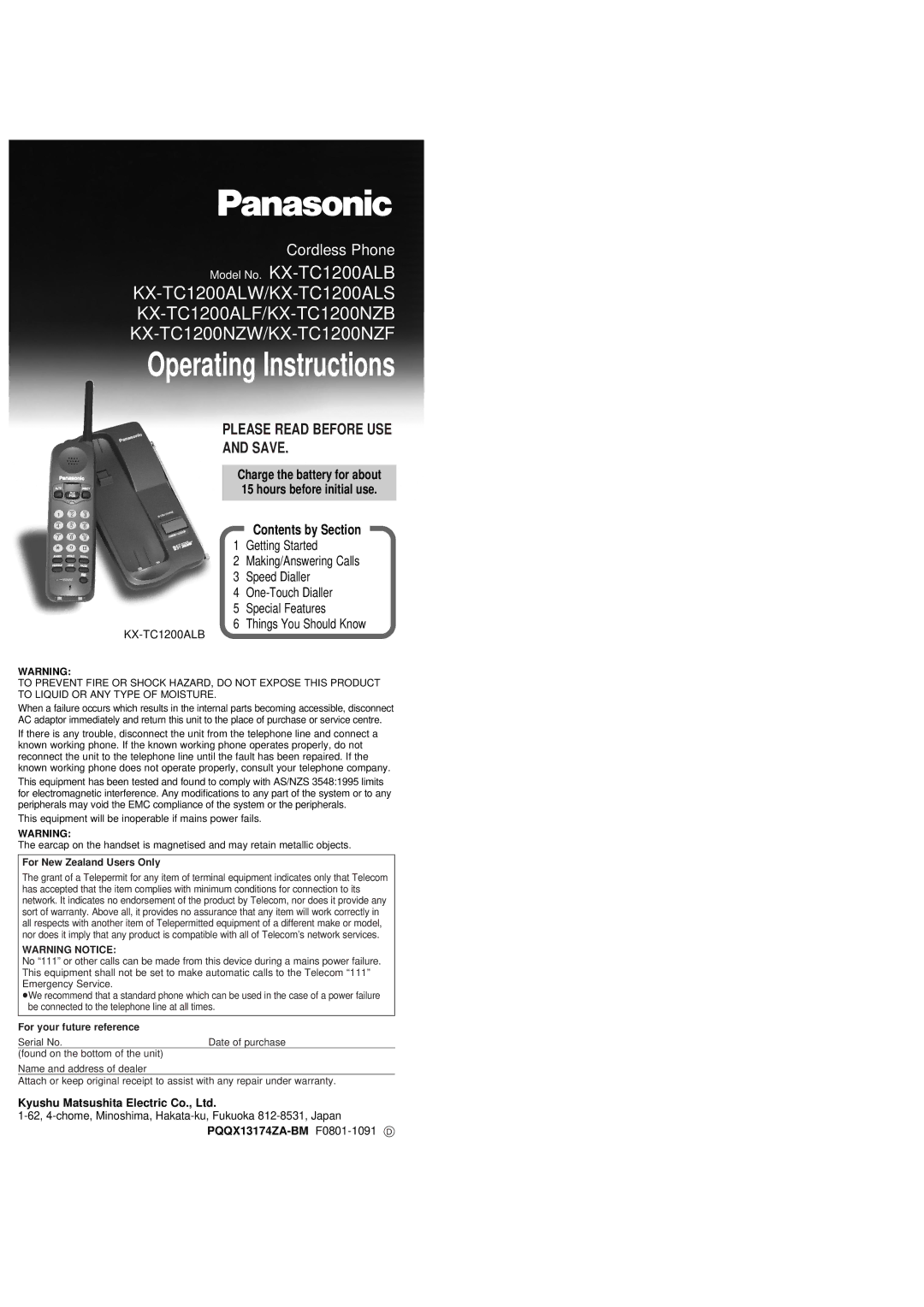 Panasonic KX-TC1200NZW, KX-TC1200ALF, KX-TC1200ALB, KX-TC1200NZB, KX-TC1200ALW, KX-TC1200NZF warranty Operating Instructions 