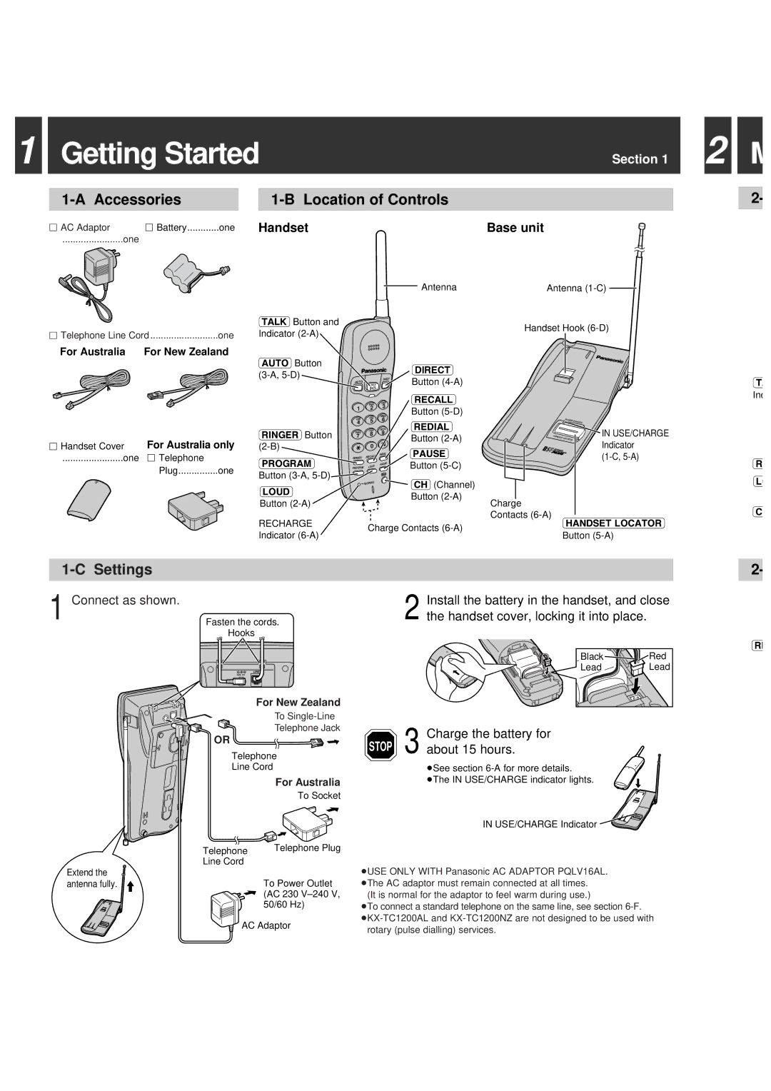 Panasonic KX-TC1200ALB, KX-TC1200ALF, KX-TC1200NZW warranty Getting Started, Accessories, Location of Controls, Settings 