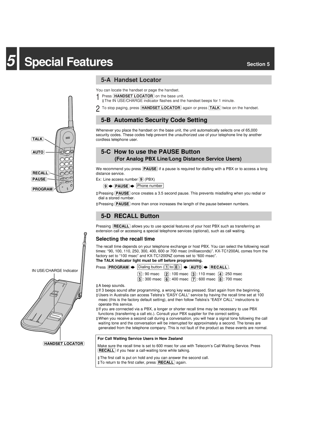 Panasonic KX-TC1200ALS Special Features, Handset Locator, Automatic Security Code Setting, How to use the Pause Button 